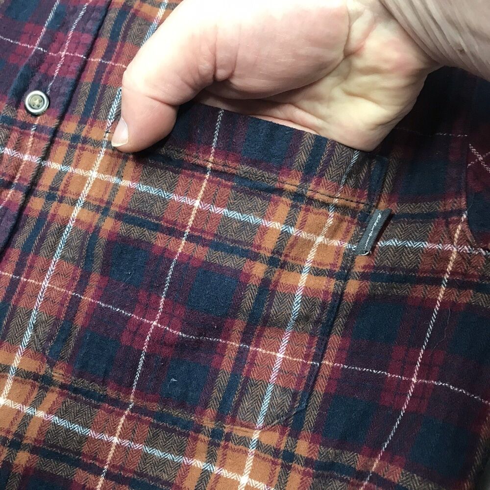 EDDIE BAUER Flannel Shirt Men M Ocher Cranberry Plaid Outdoor Autumn Grunge Gorp - Picture 5 of 16